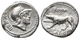 Roman Republic.
P. Satrienus. Denarius 77, AR 3.86 g. Helmeted head of Roma r.; behind, XXXIIII. Rev. ROMA She wolf l., r. forepaw raised; in exergue,...