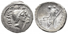 Roman Republic.
Mn. Cordius Rufus, 46 BC. Denarius ), Rome. RVFVS · III · VIR Heads of the Dioscuri to right, each wearing a pileus surmounted by a st...