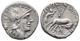 Roman Republic.
Sex. Pompeius Fostlus, 137 BC. Denarius Rome. Helmeted head of Roma to right; behind, jug; below chin, X. Rev. SEX · PO FOSTLVS / ROMA...