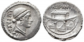 Roman Republic.
Moneyer issues of Imperatorial Rome. Lollius Palicanus. 45 BC. AR Denarius Rome mint. Diademed head of Libertas right / View of Rostra...
