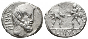 Roman Republic.
L. Titurius L.f. Sabinus. 89 BC. AR Denarius Rome mint. Bareheaded and bearded head of King Tatius right / Abduction of the Sabine Wom...