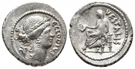 Roman Republic.
C. Clodius Vestalis AR Denarius. Rome, 41 BC. Draped bust of Flora right, wearing wreath of flowers; lily at shoulder, C•CLODIVS C•F• ...
