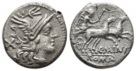 Roman Republic.
Junius. M. Junius Silanus. Denarius. 145 BC. Auxiliary mint of Rome. (Ffc-778). (Craw-220/1). (Cal-860). Anv.: Head of Roma right, X b...