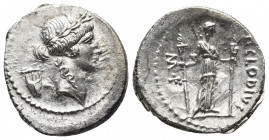 Roman Republic.
Moneyer issues of Imperatorial Rome. P. Clodius M.f. Turrinus. 42 BC. AR Denarius . Rome mint. Laureate head of Apollo right; lyre to ...