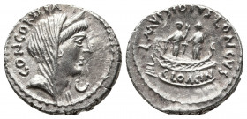 Roman Republic.
L. Mussidius T.f. Longus. Denarius 42, AR . CONCORDIA Diademed and veiled bust of Concordia r. Rev. L·MVSSIDIVS ·LON[GVS] Shrine of Ve...