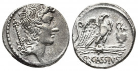 Roman Republic.
Q. Cassius Longinus AR Denarius. Rome, 55 BC. Head of Genius Populi Romani to right, sceptre behind / Eagle standing to right on winge...