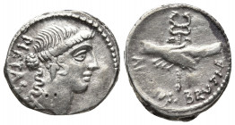 Roman Republic.
Moneyer issues of Imperatorial Rome. Albinus Bruti f. 48 BC. AR Denarius Rome mint. Bare head of Pietas right / Clasped right hands ho...