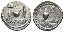 Roman Republic.
The Republicans. Brutus. Early 42 BC. AR Denarius ). Military mint, probably at Smyrna; P. Cornelius Lentulus Spinther, legatus. Embl...