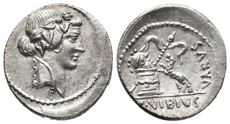 Roman Republic.
C. Vibius Varus AR Denarius. Rome, 42 BC. Ivy-wreathed head of L...