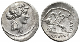 Roman Republic.
C. Vibius Varus AR Denarius. Rome, 42 BC. Ivy-wreathed head of Liber right / Panther springing left, toward garlanded altar upon which...