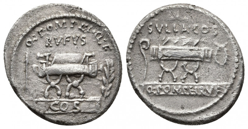 Roman Republic.
Q. Pompeius Rufus. 54 BC. AR Denarius . Rome mint. Curule chair ...