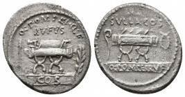 Roman Republic.
Q. Pompeius Rufus. 54 BC. AR Denarius . Rome mint. Curule chair flanked by arrow and laurel branch / Curule chair flanked by lituus an...