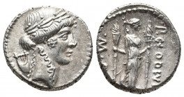 Roman Republic.
Q. Pomponius Musa, Denarius, Rome, 56 BC. AR . Laureate head of Apollo r.; wreath behind, Rv. Polymnia, the Muse of Rhetoric, standing...