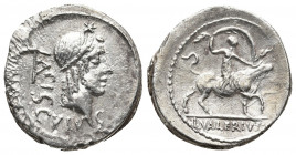 Roman Republic.
Roman Imperatorial, L. Valerius Acisculus, Rome, 45 BC. AR Denarius Diademed head of Apollo Soranus r. surmounted by star; pickax (aci...