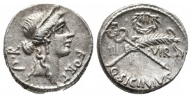 Roman Republic.
Q. Sicinius AR Denarius. Rome, 49 BC. Diademed head of Fortuna to right; [P]•R upwards behind, FORT before / Palm-branch and caduceus ...