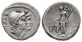 Roman Republic.
Cordius. Manius Cordius Rufus. Denarius. 46 BC. Rome. (Ffc-602). (Craw-463/1b). (Cal-465). Anv.: Conjoined heads of the Dioscuri right...