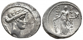 Roman Republic.
Q. Pomponius Musa. Denarius 66, AR Laureate head of Apollo r.; behind, sceptre. Rev. Q·PO – MPONI – MVSA Melpomene standing facing, he...