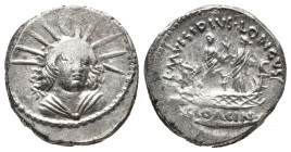 Roman Republic.
Moneyer issues of Imperatorial Rome. L. Mussidius Longus. 42 BC. AR Denarius Rome mint. Radiate and draped bust of Sol facing slightly...