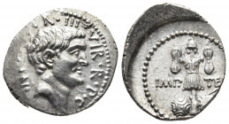 Roman Republic.
Marcus Antonius. Denarius, mint moving with M. Antonius 37, AR ANT AVG·VR III·VIR·R·P·C Head of M. Antonius r. Rev. IMP – TER Trophy;...
