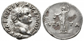 Roman Imperial
Vespasian. AD 69-79. AR Denarius Rome mint. Struck AD 72-73. Laureate head right / Vesta standing left, holding simpulum and scepter. 
...