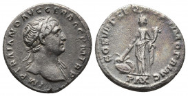 Roman Imperial
Trajan (98-117). AR Denarius . Rome, Laureate bust r., with drapery on far shoulder. R/ Pax standing facing, head l., setting fire to p...