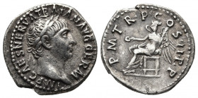 Roman Imperial
TRAIANUS AD 98-117. AR Denarius . Head with Lkr.no IMP CAES NERVA TRAIAN AVG GERM / PMTR P COS II PP Viktoria sits to the left, holding...