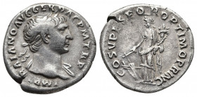 Roman Imperial
TRAJAN (98-117). Denarius. Rome. Obv: IMP TRAIANO AVG GER DAC P M TR P. Laureate bust right, with slight drapery.Rev: COS V P P S P Q R...