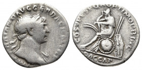 Roman Imperial
TRAJAN (98-117). Denarius. Rome. Obv: IMP TRAIANO AVG GER DAC P M TR P.Laureate bust right, with slight drapery.Rev: COS V P P S P Q R ...