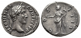 Roman Imperial
Antoninus Pius AR Denarius. Rome, AD 148-149. ANTONINVS AVG PIVS P P TR P XII, laureate head to right / COS IIII, Salus standing facing...