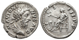 Roman Imperial
Marcus Aurelius AR Denarius. Rome, AD 177-178. M  ANTONINVS AVG, laureate head to right / COS III P P, Salus seated to left, holding p...