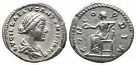 Roman Imperial
Lucilla (daughter of M. Aurelius) AR Denarius. Rome, AD 161-163. LVCILLAE AVG ANTONINI AVG F, draped bust to right / CONCORDIA, Concord...