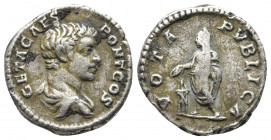 Roman Imperial
Geta, as Caesar, AR Denarius. Rome, circa AD 202. GETA CAES PONT COS, bare-headed and draped bust to right / VOTA PVBLICA, Geta standin...