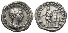 Roman Imperial
Diadumenian. As Caesar, AD 217-218. AR Denarius Rome mint. 1st emission, AD 217. Bareheaded and draped bust right / Diadumenian standin...