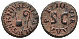 Roman Imperial
Augustus Ӕ Quadrans. Rome, 8 BC. PVLCHER TAVRVS REGVLVS, simpulum and lituus / III VIR A A A F F, round SC.
Weight: 3.2 Diameter 16.1