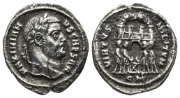 Roman Imperial
Maximian AR Argenteus. Ticinum, circa AD 295. MAXIMIANVS AVG, laureate head to right / VICTORIA SARMAT, the four Tetrarchs sacrificing ...
