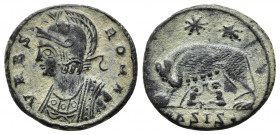 Roman Imperial
City Commemorative Æ Nummus. Struck under Constantine I. Siscia AD 330-335. VRBS ROMA, helmeted bust of Roma left, wearing imperial man...
