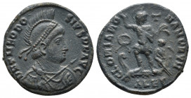 Roman Imperial
Theodosius I. AD 379-395. AE Cyzicus mint. Diademed, helmeted, draped, and cuirassed bust right, holding spear and shield / Rev: Theodo...