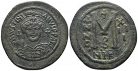 Byzantine
Justinian I AD 527-565. Dated RY 13=AD 539-540. Nikomedia. 2nd officina
Follis or 40 Nummi Æ
D N IVSTINIANVS P P AVC, helmeted and cuirassed...