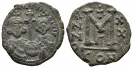 Byzantine
Justinian II (A.D. 705-711), AE Follis, 3.88g, busts of Justinian and Tiberius facing, rev. m [anno] xx
Weight: 4.1 Diameter 21.1