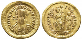 Roman Imperial
Theodosius II, 402-450. Solidus, Constantinopolis, circa 425-430. D N THEODO-SIVS P F AVG Pearl-diademed, helmeted and cuirassed bust o...