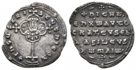 Byzantine
Nicephorus II Phocas. 963-969. AR Miliaresion. Constantinople mint. Cross crosslet set on globus above two steps; in central medallion, crow...