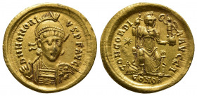 Roman Imperial
Roman Empire. Honorius, 393 – 424.
Solidus, Constantinopolis 408-420. D N HONORI – VS P F AVG Helmeted, pearl-diademed and cuirassed bu...