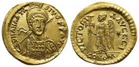 Byzantine
Anastasius I, 491-518. Solidus, Constantinopolis, 491-498. D N ANASTASIVS P P AVG Pearl-diademed, helmeted and cuirassed bust of Anastasius ...