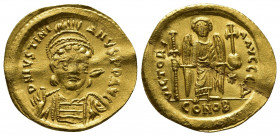 Byzantine
JUSTINIAN I (527-565). (Covering) Solidus. Constantinople.
Obv: D N IVSTINIANVS P P AVG.
Helmeted and cuirassed bust facing, holding globus ...