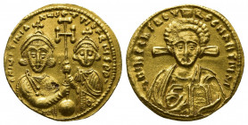 Byzantine 
JUSTINIAN II with TIBERIUS (Second reign, 705-711). GOLD Semissis. Constantinople. Obv: δ N IҺS CҺS RЄX RЄGNANTIЧM. Facing bust of Christ P...