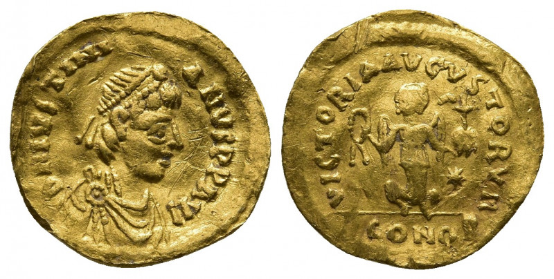 Byzantine
JUSTINIAN I (527-565). GOLD Tremissis. Constantinople.
Obv: D N IVSTNI...