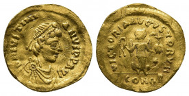Byzantine
JUSTINIAN I (527-565). GOLD Tremissis. Constantinople.
Obv: D N IVSTNIANVS P P AVG.
Diademed, draped and cuirassed bust right.
Rev: VICTORIA...