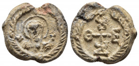 Byzantine Seal
Byzantine Lead Seal (7th Century) Theodoros
Obv: Haloed bust, cross on right and left. Wreath border.
Back: Crusader monogram. Wreath b...