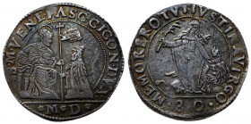 Repubblica di Venezia - Pasquale Cicogna (1585-1595) Mezzo scudo da 4 lire o 80 soldi con S.Giustina Gr 17,76 Mont. 818 (Sigle Massaro MD Marco Dolfin...
