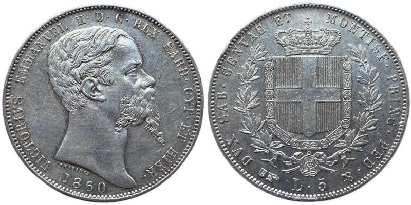 Savoia - Vittorio Emanuele II (1849-1861) 5 Lire 1860 Torino Gig.49 Soli 5044 pe...
